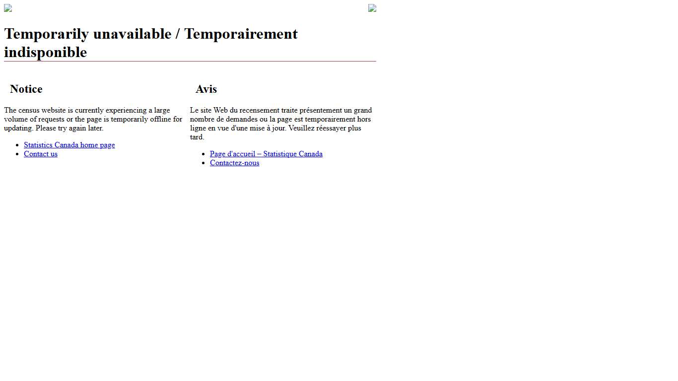 Census - Temporarily unavailable / Recensement : Temporairement indisponible