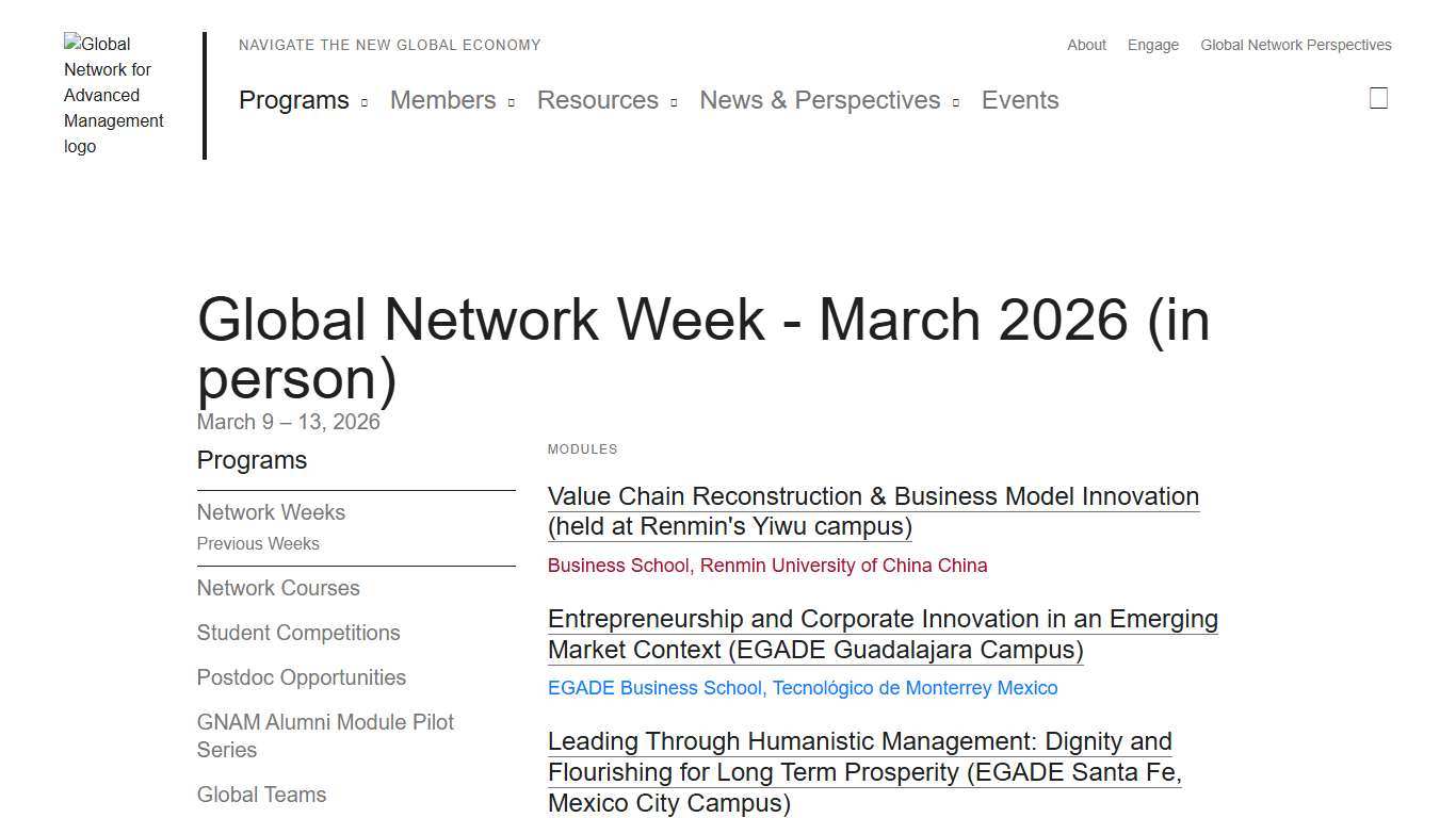 Global Network Week - March 2026 (in person) The Global Network for Advanced Management